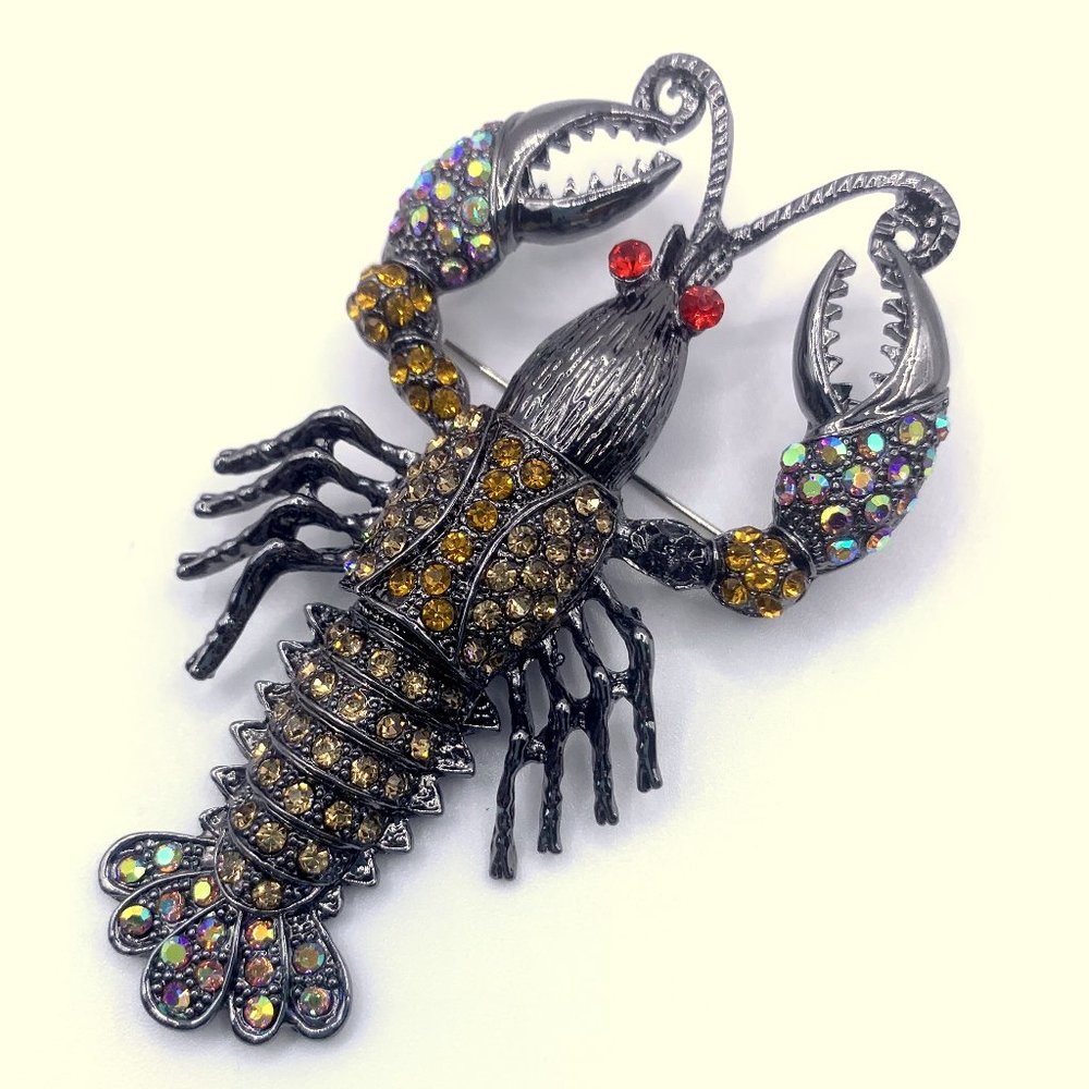 New Huge Rhinestone Crayfish Lobster Brooch Pin Pendant Jointed 3.5" Animal